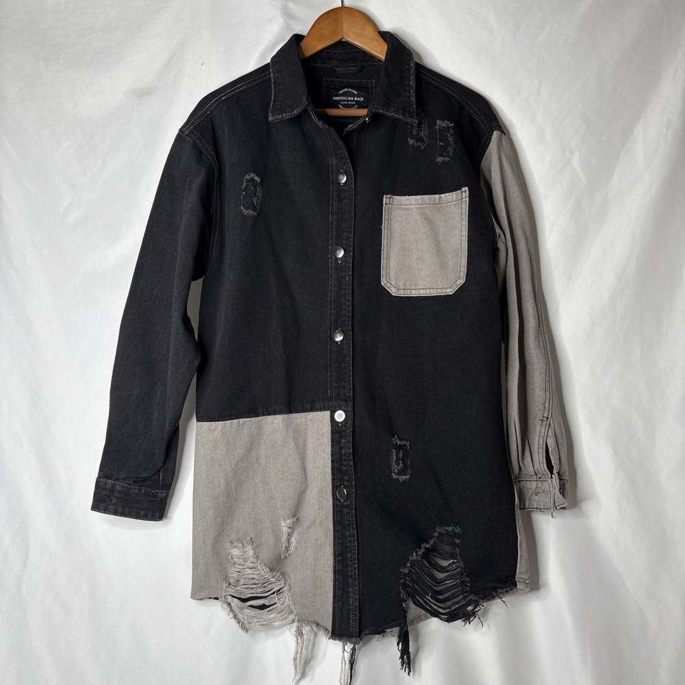 American Bazi Women's M Distressed Frayed Hem Denim Jacket Button Down Shirt